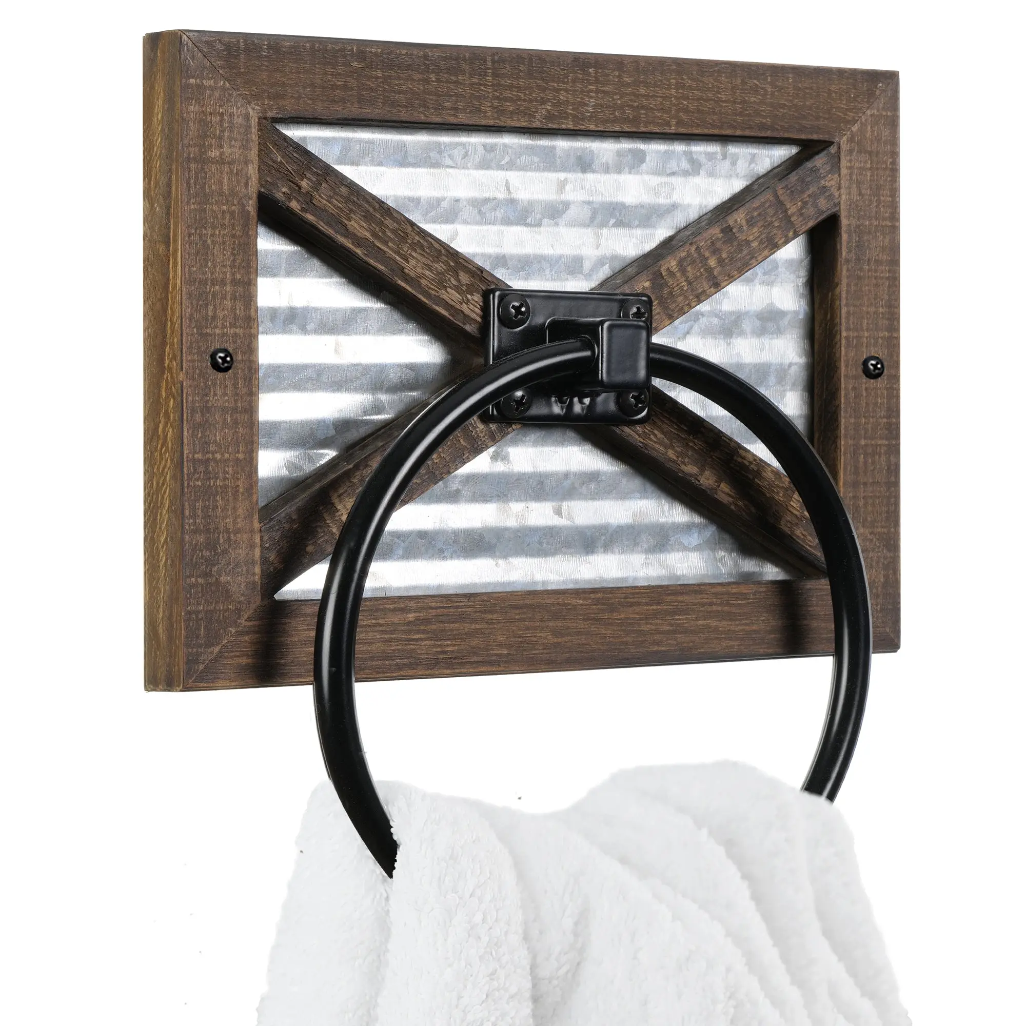 Autumn Alley Rustic Farmhouse Barn Door Towel Ring 6" Black Ring for Hand or Dish Towels Weathered Wood & Galvanized Metal Easy Installation with Screws Country Style Bathroom Decor