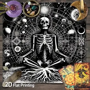 Black and White Skeleton Yoga Cosmic Tarot Card Tablecloth - Gothic Skull Sacred Geometry Art Gaming Tablecloth - Psychic Readings Divination Witchcraft Oracle Cards Astrology Altar Cloths Pendulum Crystal Grid and Meditation Polyester Table Cloths