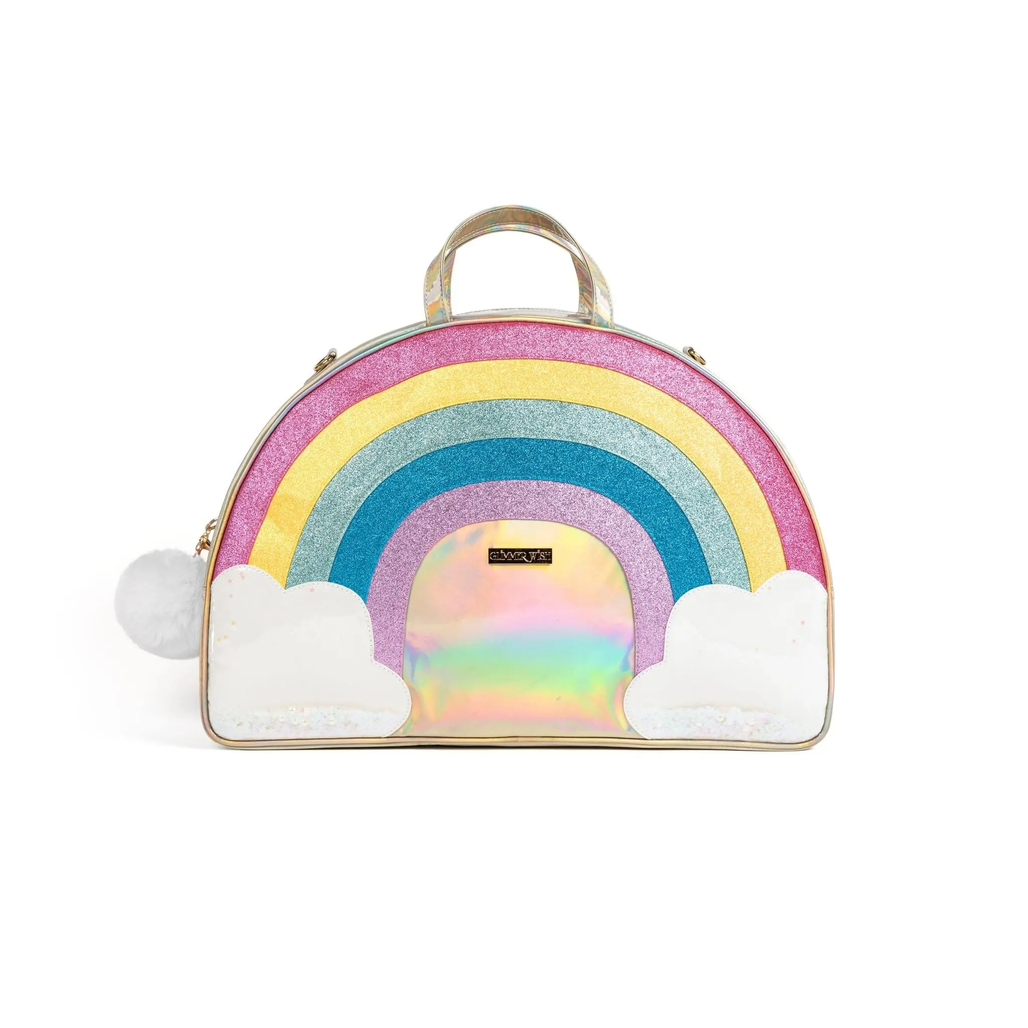 Unicorn Rainbow Overnight Bag with Fluffy White Poof and Glimmer Wish Charm