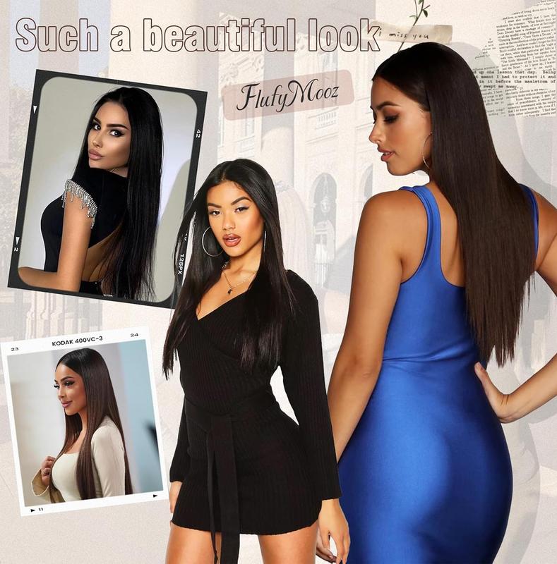 Clip in Hair Extensions 24 Inch 6PCS Natural Fluffy Invisible Seamless Straight Hair Extension High-temperature Synthetic Fiber Double Weft for Daily Use Busy Lifestyle Comfortable Fashionable resistant Thick Hair piece Clip Set