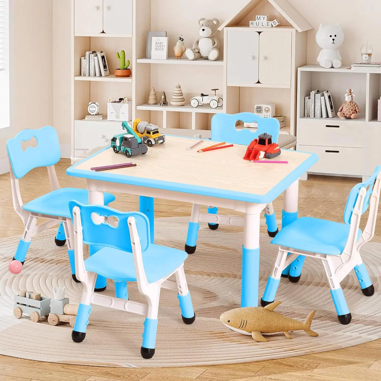 GAOMON Table and 4 Chair Set,32 in Height Adjustable Table and Chairs Set with Non-Slip Desk Legs&Organizer Graffiti Desktop, Preschool Activity Art Craft Tables for 4(Blue)