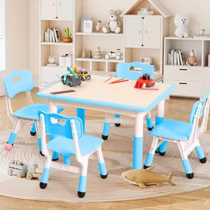 GAOMON Table and 4 Chair Set,32 in Height Adjustable Table and Chairs Set with Non-Slip Desk Legs&Organizer Graffiti Desktop, Preschool Activity Art Craft Tables for 4(Blue)