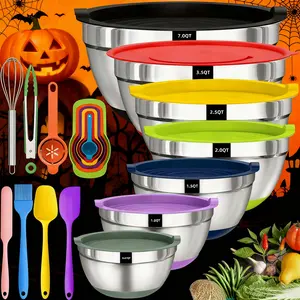 Fmvkoe 20pcs Heavy-Duty Stainless Steel Mixing Bowls Set with Airtight Lids - 201 Rust-Resistant Nesting Bowls (7, 3.5, 2.5, 2, 1.5, 1, 0.67QT) Non-Slip Silicone Base, Color-Coded Lids & Polish for Baking,, Serving - Large Bowl