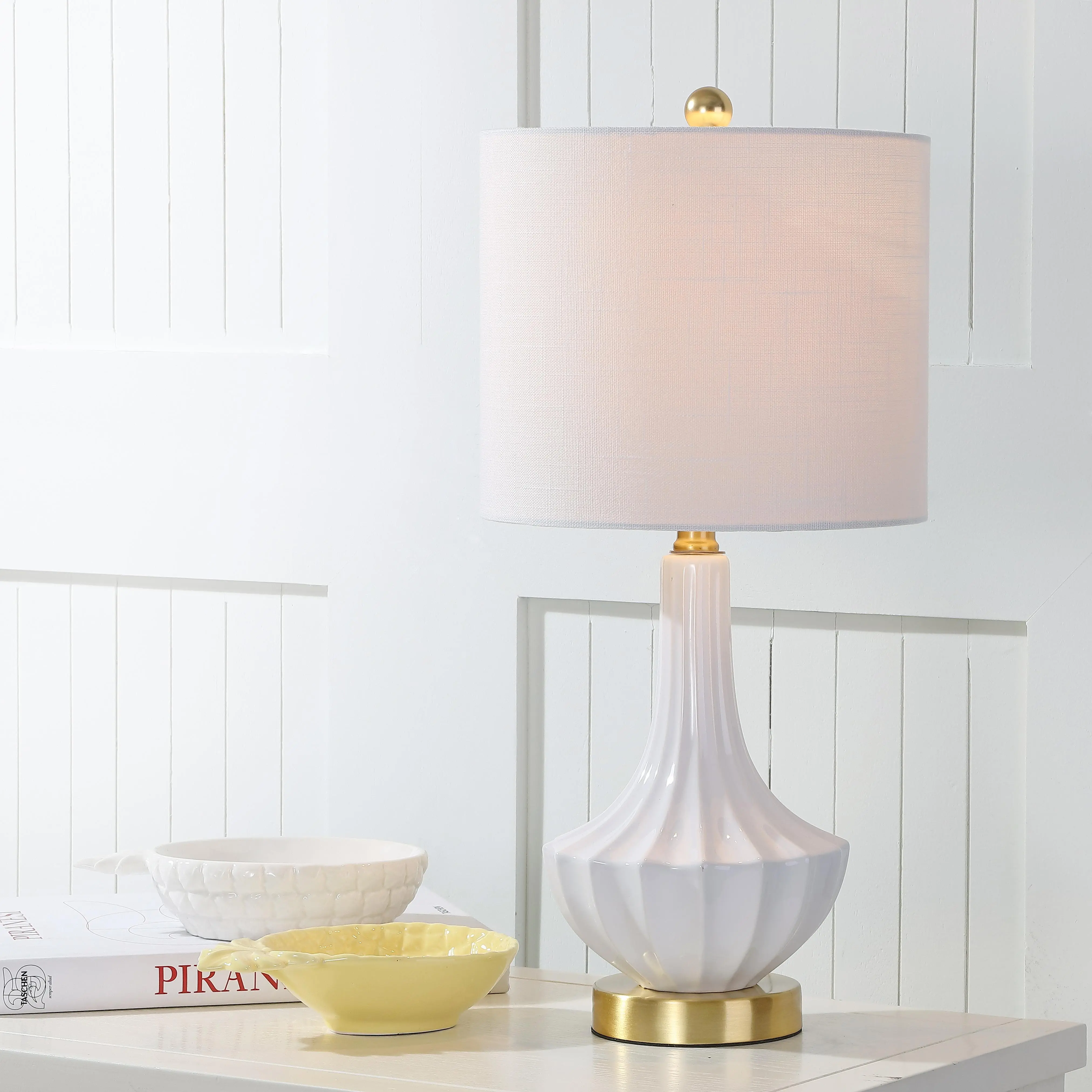JONATHAN Y Parker Ribbed Ceramic Gourd Nightstand Table Lamp 21.5" | Brass Gold Metal Base, White Linen Shade, Contemporary Bedside Accent, LED Bulb Included