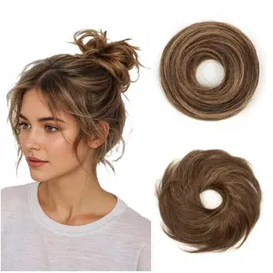 Human Hair Bun  Bun Hairpiece with Elastic Band #4/27 Medium Brown Highlights  Real Human Hair Donut Elastic Rubber Band  Bun Updo Scrunchies  Curly Updo