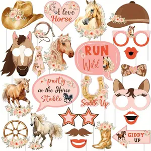 24pcs Horse Photo Booth Props for Girl Pink, Horse Race Farm Animal Run Wild Theme Happy Birthday Decorations, Baby Shower Party Favors Supplies Masks Kit