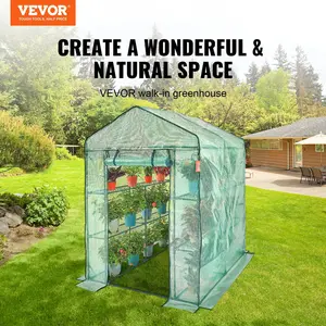 VEVOR Walk-in Green House, 4.6 x 4.6 x 6.6 ft , Greenhouse with Shelves, High Strength PE Cover with Zipper Door and Steel Frame, Assembly in Minutes, Suitable for Planting and Storage