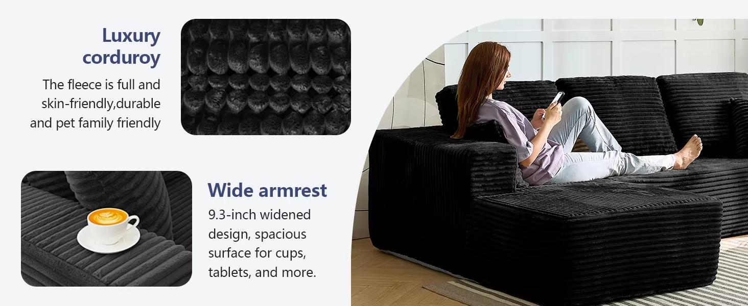 Modular Corduroy Cloud Couch Set - Boneless Sectional 3-Seat Convertible Sleeper Bed, Plush Oversized Chaise Loveseat with Soft Fabric, Blend Down Boneless Couches for Living Room Sofas, Indoor Apartment Furniture,summerwins