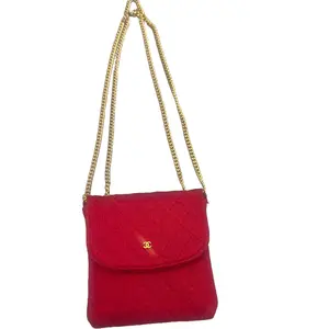 Pre-owned CHANEL Jersey Mini Bags Red Quilted Micro Flap Bag with Gold Chain 3.25 Inches Base Length Height Width 0.75 in Fashion Accessory