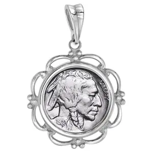 925 Sterling Silver Scalloped Nickel Coin Bezel Pendant 21mm Prong Back
