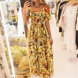 High Waist  Square Neck Print Ruffle Sleeve Bohemian Style Waist-Cinching Slimming Floral Fairy  Puffed-sleeve dress
