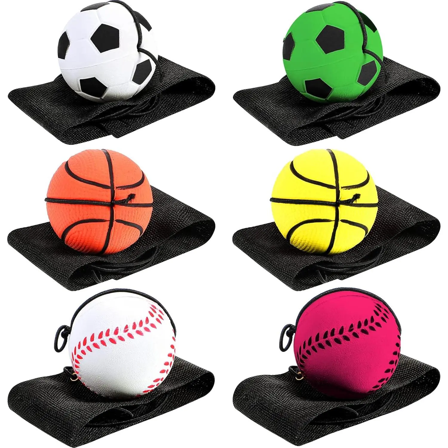 6 Pieces Wrist Ball Wristband Sports Ball on a String Toy Includes Basketball, Baseball and Football Return Rubber Rebound for Boys Girls Party Favor, Exercise or Play