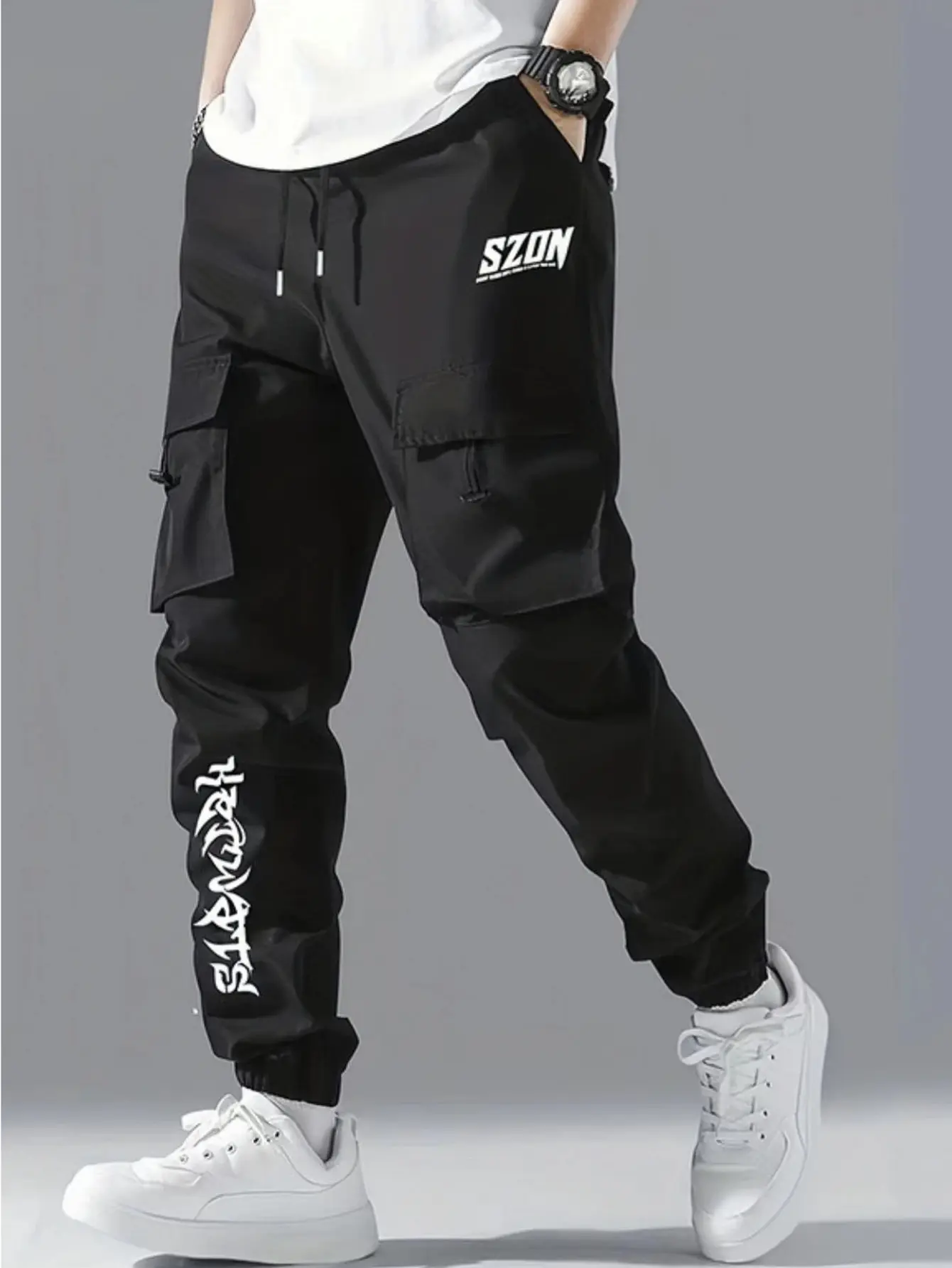 Men's Printed Multi-Pocket Cargo Jogger Pants, Loose Fit Drawstring Functional Casual Long Pants