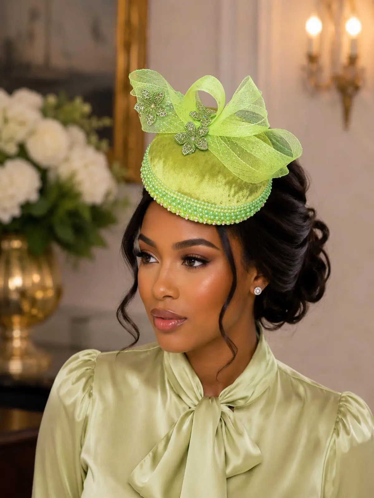 Lime Green Pearl & Floral Fascinator Hat – Elegant Church Hat, Tea Party Headpiece, Kentucky Derby Fascinator