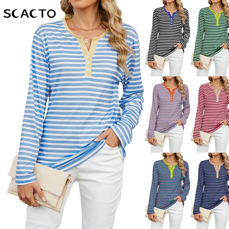 Scacto Women's Long-Sleeve V-Neck Black and White Striped Cotton-Rayon Pullover Sweatshirt - Soft, Medium-Length Casual Autumn Everyday Wear Top, Blush Pink Option, Women's Clothes with Comfortable Fabric, Sweatshirts For Women