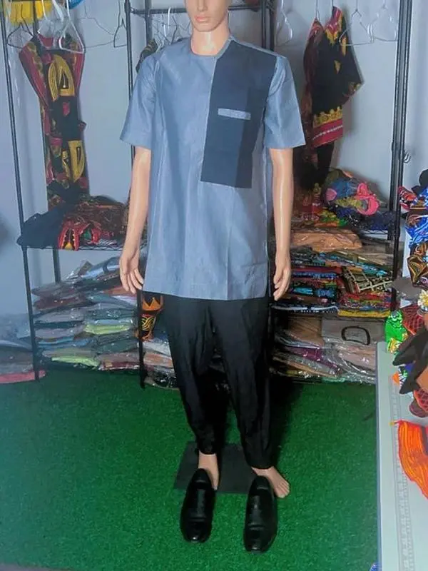 Men's Short Sleeve Traditional Casual Senator Shirt - 80% Cotton 20% Polyester Nigerian Traditional Menswear Top for Senatorial Class, M