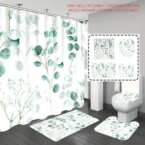 [Popular Choice]1pc/4pcs, bathroom curtains shower, bathroom set, shower curtain set, bathroom rug, Home Decoration, bathroom mat, Bathroom Mat, Eucalyptus Leaf Pattern, Plant Theme Decoration, Bathroom Set, with 12 hooks.