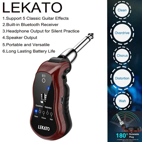 LEKATO Rechargeable Mini Headphone Amplifier - Bass-Compatible Bluetooth Receiver with 5-Effect Variety, 5 Classical Effects, Overdrive & Wah, 3.5mm Jack for Practice, Fathersdaygift, Christmas Music Accessories