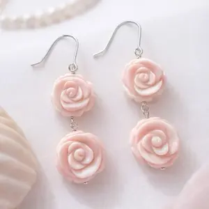 Pink Conch Shell Rose Design Dangle Earrings Set in .925 Sterling Silver