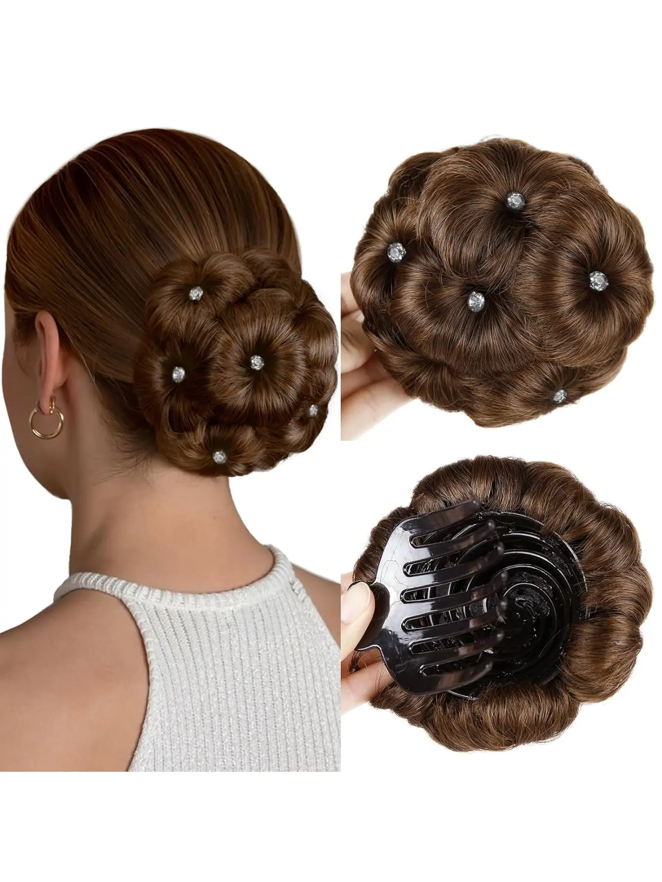Messy Bun Hair Piece for Women, Claw Clip-in Synthetic Fiber Hairpieces with Rhinestone Flower, Updo Hair Extension for Office, Party & Daily Wear