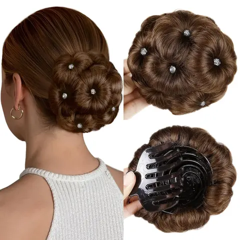 Messy Bun Hair Piece for Women, Claw Clip-in Synthetic Fiber Hairpieces with Rhinestone Flower, Updo Hair Extension for Office, Party & Daily Wear