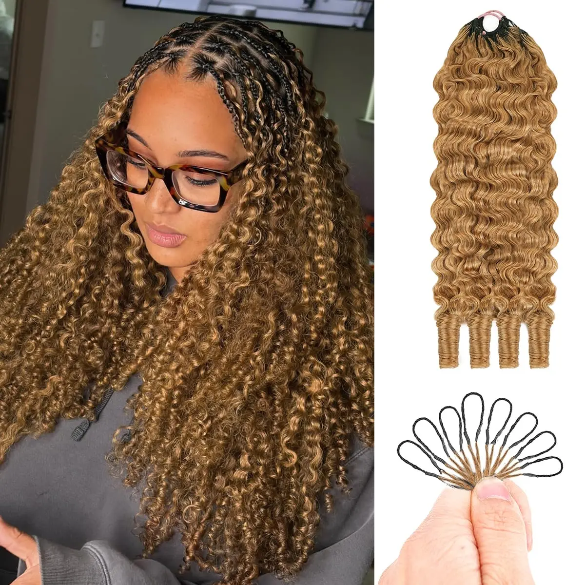 [New In] MYLOCKME Hair 27# Honey Blonde Burmese Curly Crochet Human Hair 50G/Piece Pre-Separated Miracle Knots Human Hair Bundles Invisible Knotless Feather Crochet Human Hair Reusable Human Crochet Hair