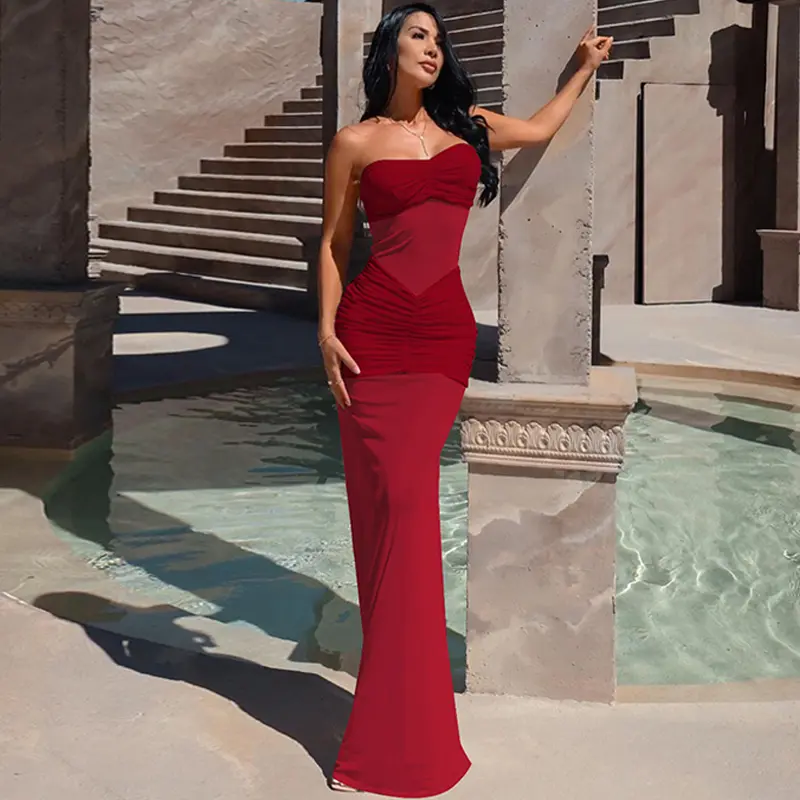Solid Mesh Semi-Sheer Ruched Bust Corset Maxi Dress Women's Casual Elegant  Sexy Club Party Beach Vacation Slim Dress Girl's Evening Night Oufits -  TikTok Shop