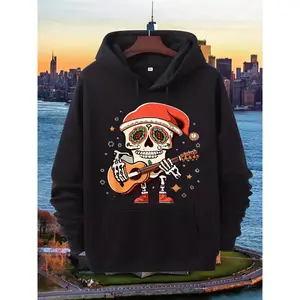 Men'S & Women'S Mexican Sugar Skull & Guitar Dia de los Muertos Hoodie - Black with Kangaroo Pocket, All-Season Fit, Edgy Urban Fashion For Halloween, Christmas, Halloween Apparel, Comfortable Wear, Casual Wearers