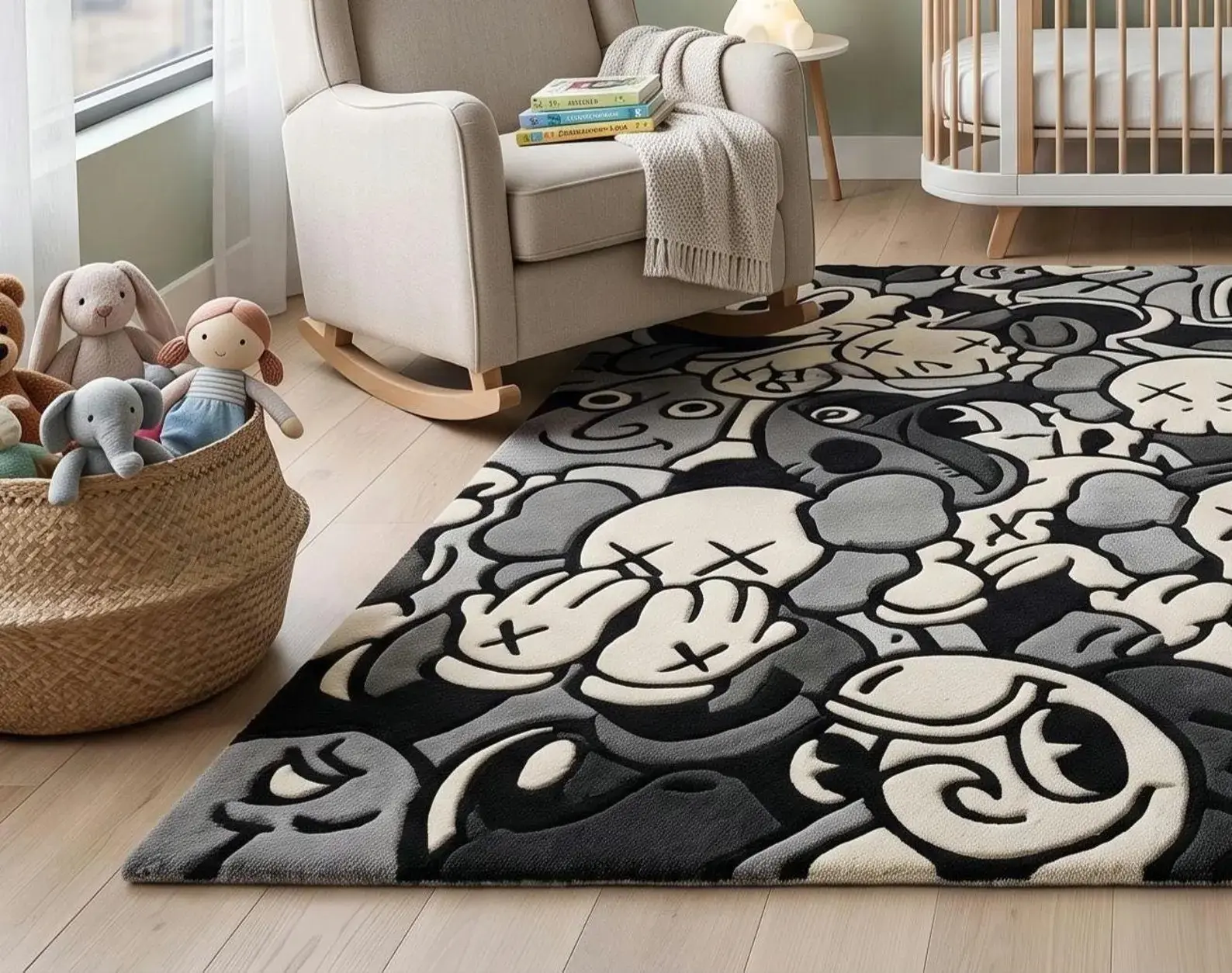 Hand-Tufted Street Art Skull Area Rug - Monochrome Urban Pop Art Carpet, Hypebeast Kaws-Style Designer Rug