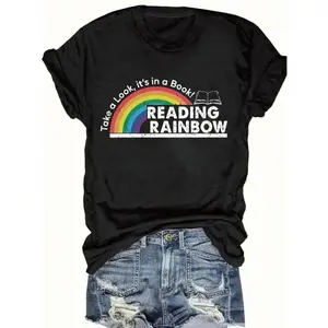Womens Cotton Short Sleeve Rainbow Graphic Tee Reading Lover Shirt Cute Teacher Librarian Outfit Soft Breathable Casual Summer Top