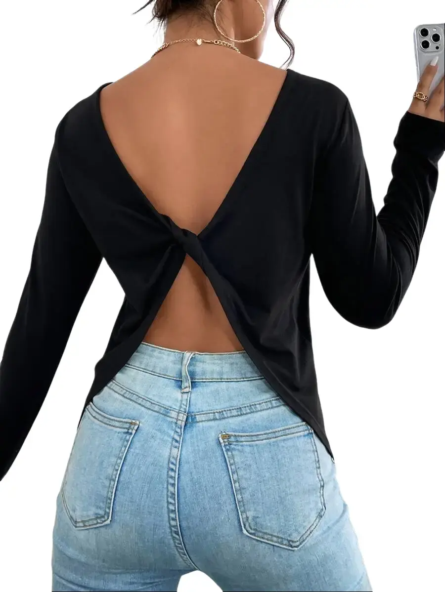 Women's Black Solid Twist Backless Tee
