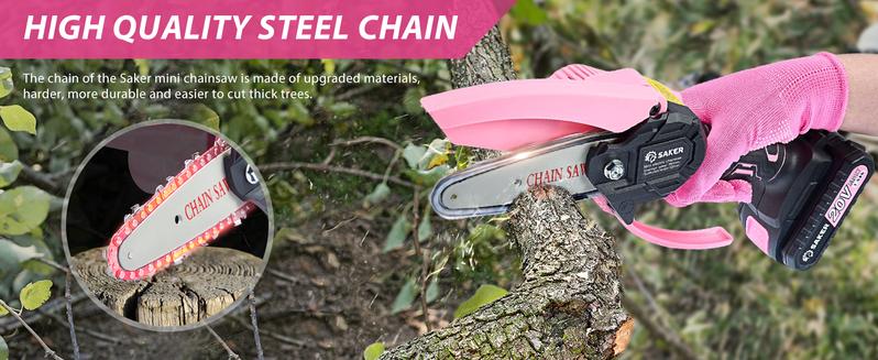 Saker Mini Chainsaw - Portable Electric Pink Handheld Chainsaw for Trees, Yards, Homes and Gardens
