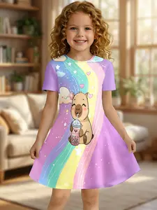 Rainbow Water Pig Girl's Dress, Macaron Gradient Print Princess Dress, Asymmetrical Design, Knee Length, Short Sleeve, Casual Style