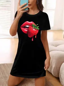 Women's Strawberry Lips Graphic Dress, Slim Fit Short Sleeve Casual Fashion, All Season Versatile for Daily Commute
