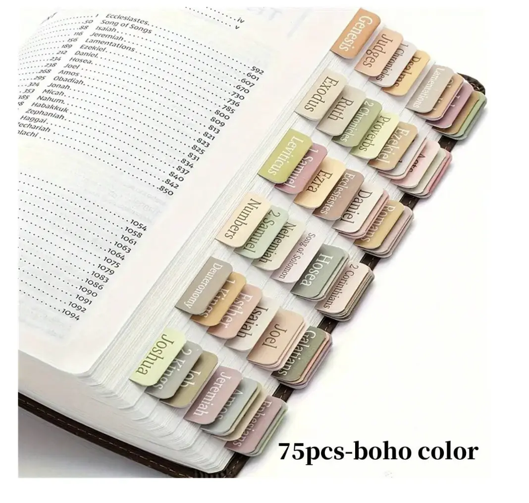 75pcs Boho-Theme Color Laminated Bible Tabs, Repositionable Index Stickers, Organized Bookmarks for Personal Study Accessibility with Removable Card Sticker Cover