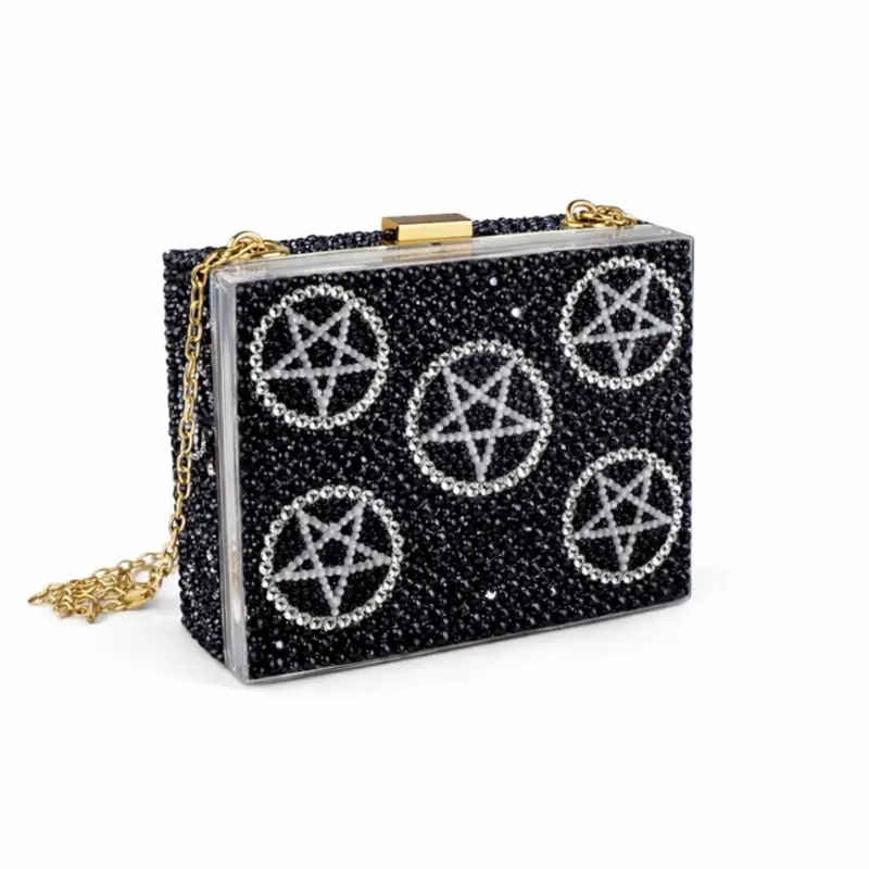 Pentagram Theme Luxe Crystal & Jet Black Gothic Design Box Clutch Bag