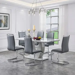MUUOKY Modern 7-Piece Glass Dining Table Set of 4/6 with Faux Marble Top & Dark Gray PU Leather Chairs Rectangle Table for Dining Room Classic & Elegant Design black glass coffee table