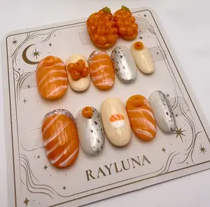 RAYLUNA #J020-12PCS Handmade Salmon Sushi Press-On Nails Reusable Salon Quality Set for Home Use 12pcs Durable Japanese Style