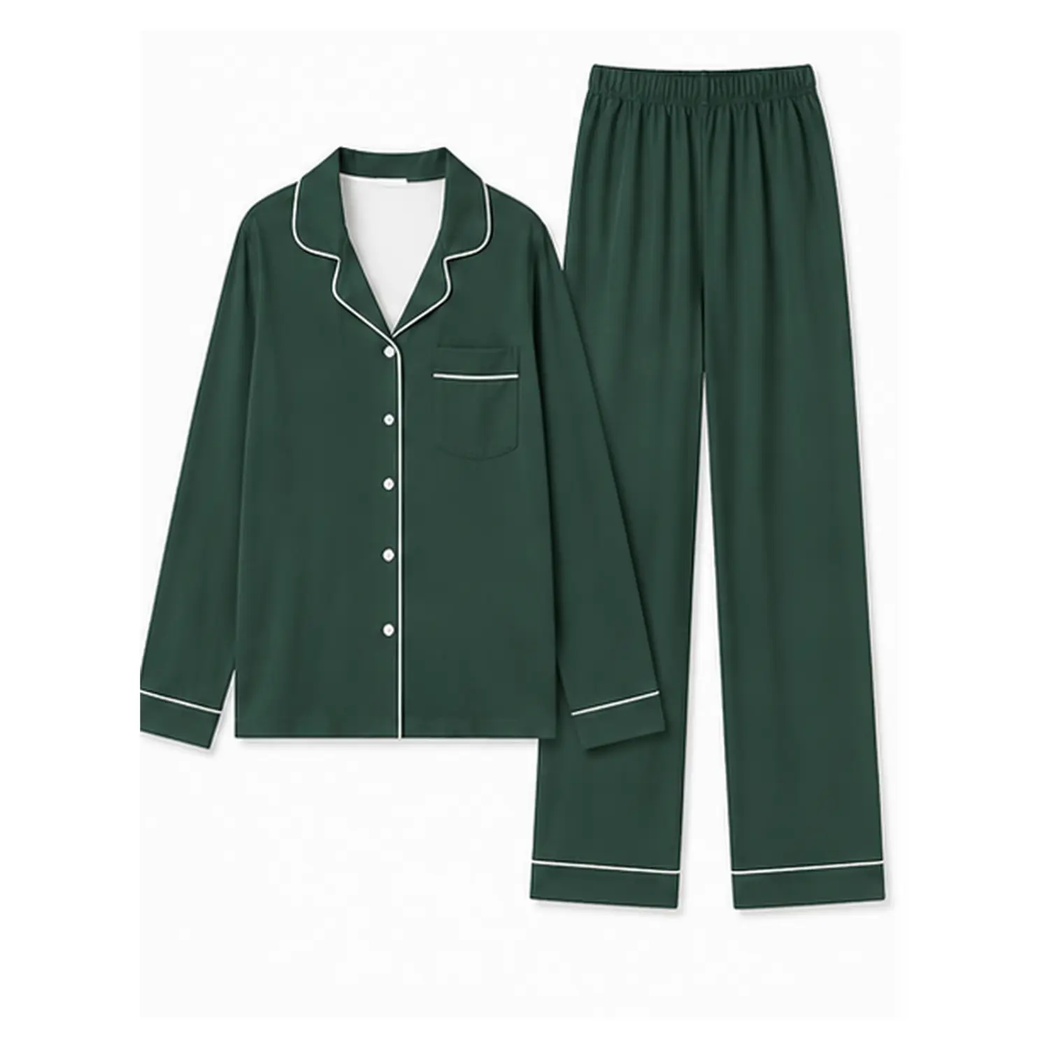 Black Long Sleeve Button Front Pajama Set with Piping Trim, Pocket Detail, and Elastic Waist Pants for Cozy Fall Winter Sleepwear