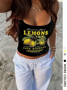 Women's Lemon Print Off Shoulder Fitted Jersey Tank Top, Casual Fashion Graphic Sleeveless Top for Daily Wear, Ladies Clothes for All Seasons, Womenswear