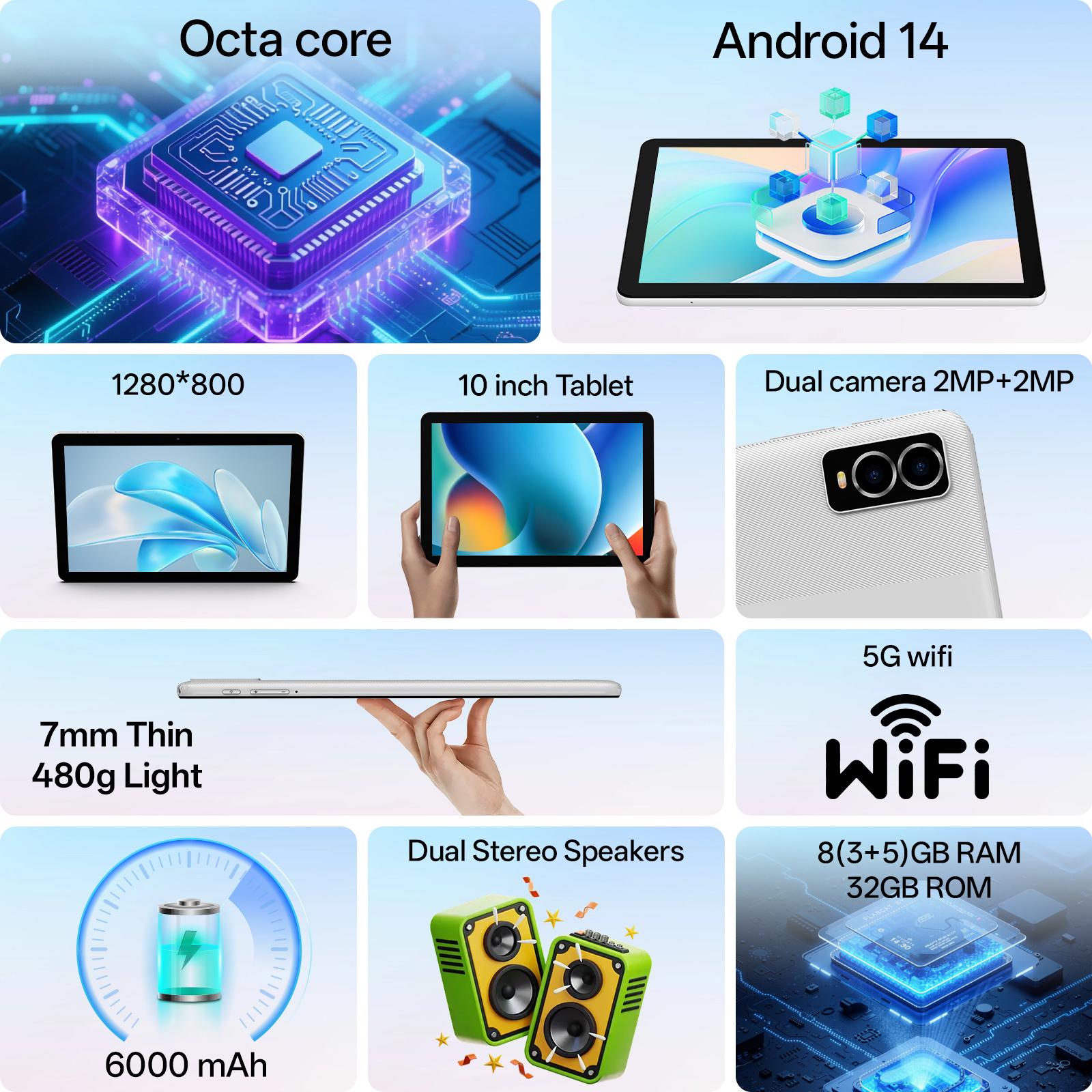 Android 14 Tablet, 10 Inch Tablet with Octa-Core Processor, 3GB RAM 32GB ROM, 1280x800 HD Touchscreen, 2MP+2MP Dual Camera, WiFi 5, Dual Camera, 6000mAh