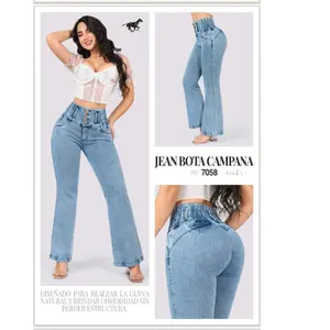 Original Colombian premium flared jeans for women with a push-up effect that enhances the buttocks. Made from stretchy fabric with a fitted cut and a sexy, elegant design that accentuates curves. Beautiful blue denim jeans.