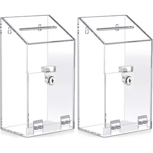 2 Pcs Acrylic Donation Box 10.2" x 5.6" x 4" Suggestion Box with Lock and Slot Wall Mount Safe Key Drop Ballot Clear Fundraising for Home Office Vote