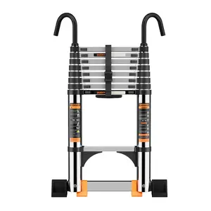 Telescopic Ladder 3.2M Stainless Steel Thickened High-Strength Loft Ladder with Stabilizer Bar & Detachable Hooks Extendable Portable Folding Ladder for RV & Outdoor Work (3.2M/10.5FT)
