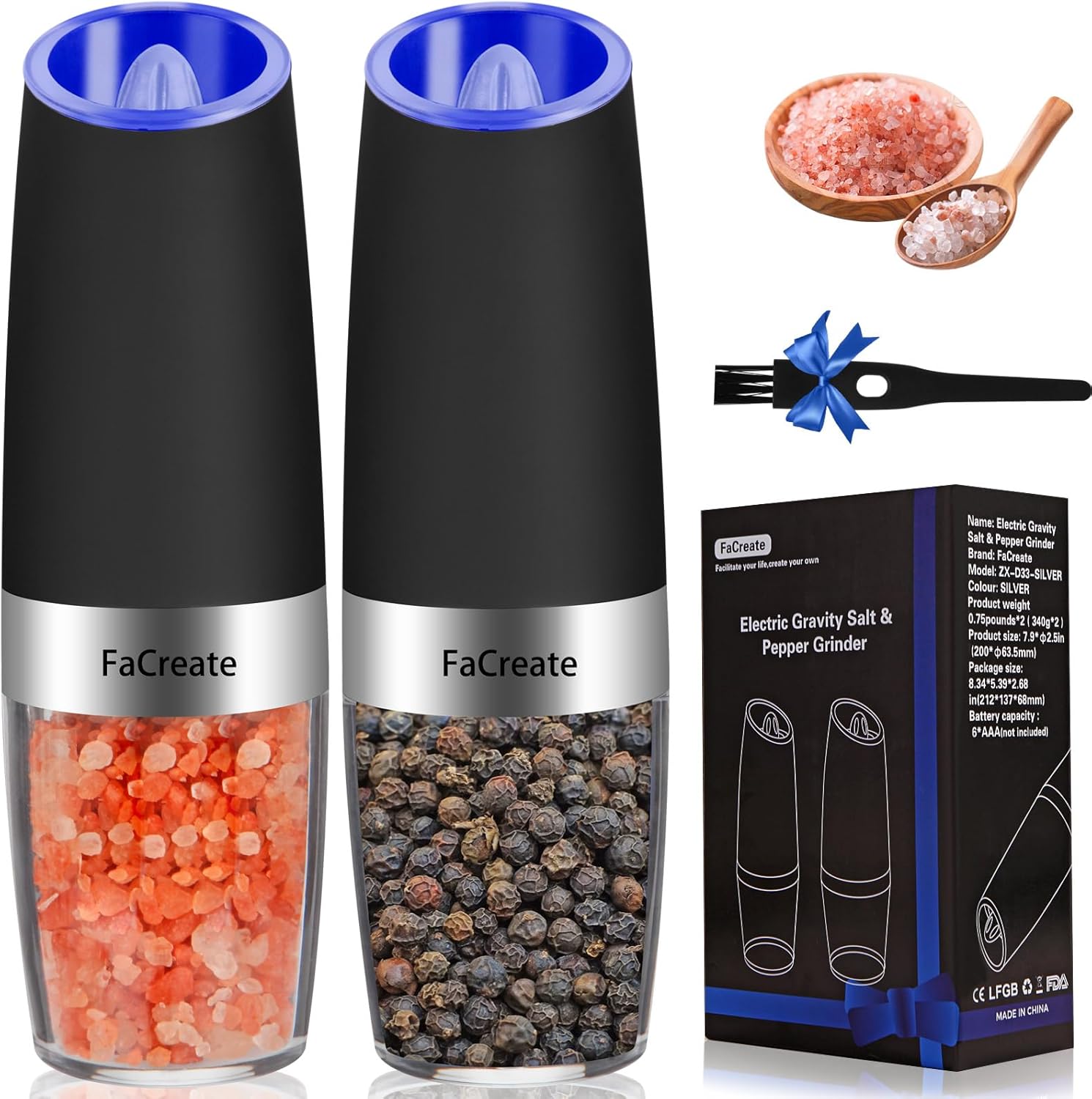 [NEW DEAL] Gravity Electric Salt and Pepper Grinder Set,Automatic Operation Electric Salt and Pepper Shakers Set，Battery Powered Adjustable Coarseness Pepper Mill Grinder LED Light, Black
