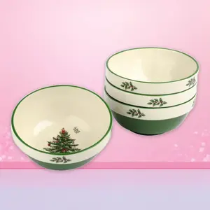 Spo Christmas Tree Collection Stacking Bowls, 5.5-Inch Ceramic Holiday Dinnerware - Set of 4 Bowls, Microwave, Dishwasher, and Freezer Safe