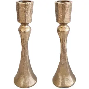 Tapered Shabbat Candle Holders Pair – Rustic Sculpted Design in Brass or Silver Finish Judaica Gift for Weddings, Shabbat and Holidays (Ancient Brass, 4.7 Inch)
