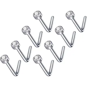 18G 20G Titanium Nose Studs for Women, L shaped Nose Rings Stud with 2mm Crystal Nostrial Piercing Jewelry