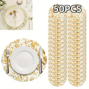 50 Pcs Disposable Gold Placemats Set 13 Inch Round Gold Foil Mesh Pressed Table Doilies Metallic Thin Mesh Table Runner for Home Decoration Dining Wedding Birthday Party Coasters Tableware Reusable bridal  shower  gift