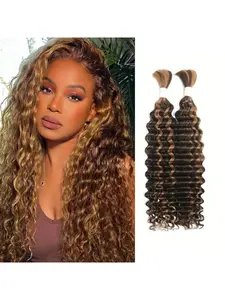 Women's Boho Style P4/27 Deep Wave Highlights Human Hair Extensions, Curly Wavy Hairpieces, Soft, Double Layer Hair Clip-In, 1 Pack of 2 Bundles